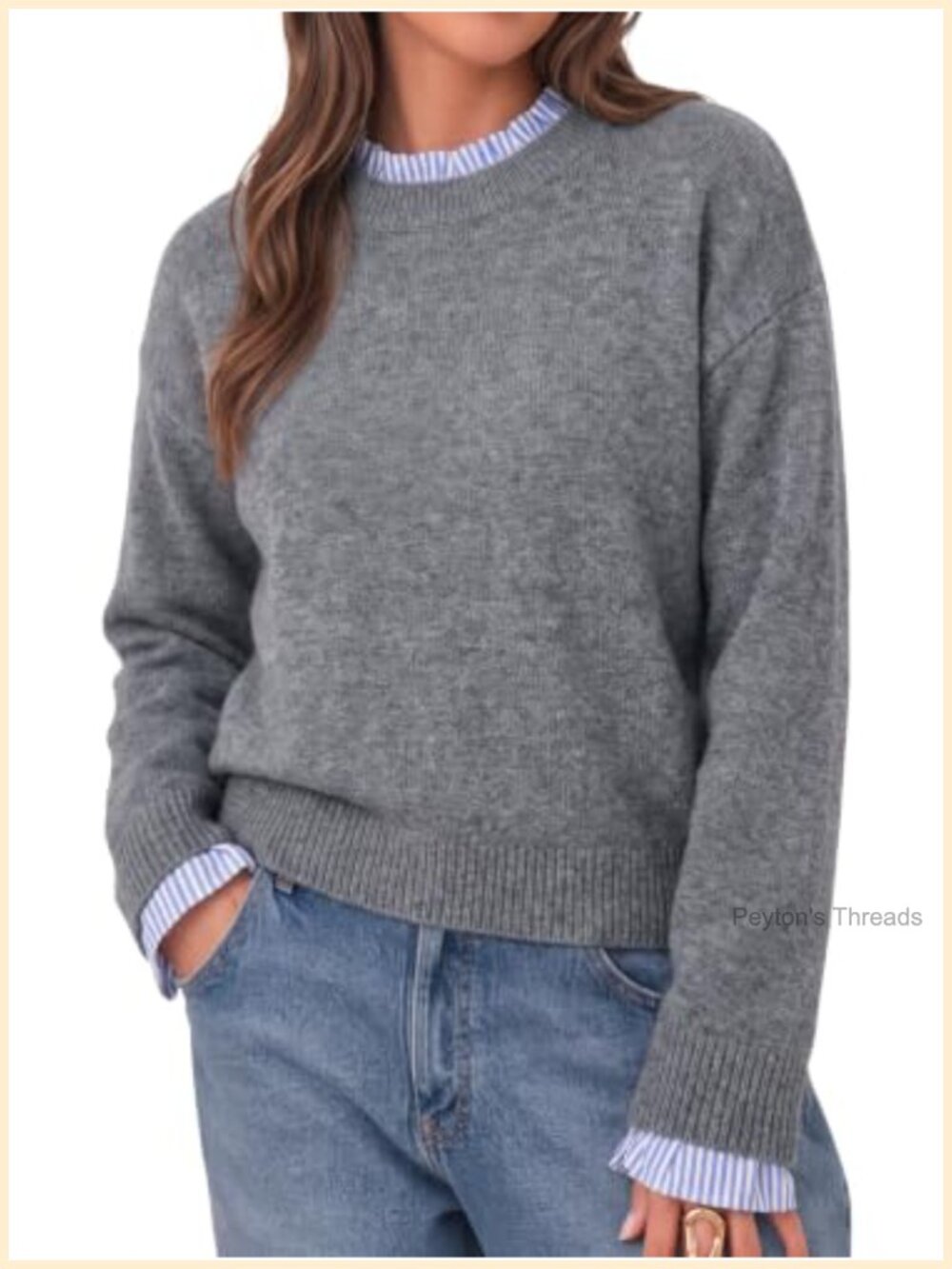 Womens Long Sleeve Ruffle Crew Neck Patchwork Knit Pullover Sweater